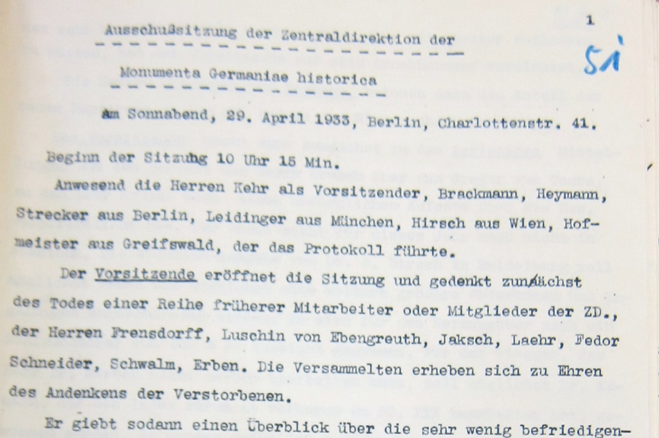 Erste Seite des Protokolls. MGH-Archiv B 338/52, Bl. 51.