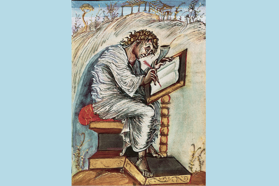 Evangelist Matthäus aus dem Ebo-Evangeliar, hergestellt im Auftrag Ebos von Reims, in dessen Umkreis Knibbs den oder die pseudoisidorischen Fälscher vermutet. ©gemeinfrei