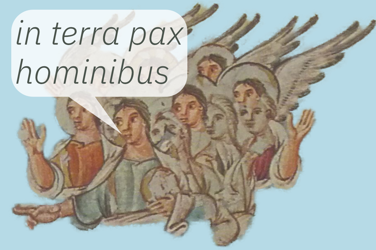 This group of heavenly angels is from a depiction of the Annunciation to the sheperds in the 10th-century Codex Egberti (Wissenschaftliche Bibliothek Trier, HS Ms. 24, f. 13r), illustrating the words of the Gospel of Luke 2,13-14: Suddenly a great company of the heavenly host appeared with the angel, praising God and saying, “Glory to God in the highest heaven, and on earth peace to those on whom his favor rests."
